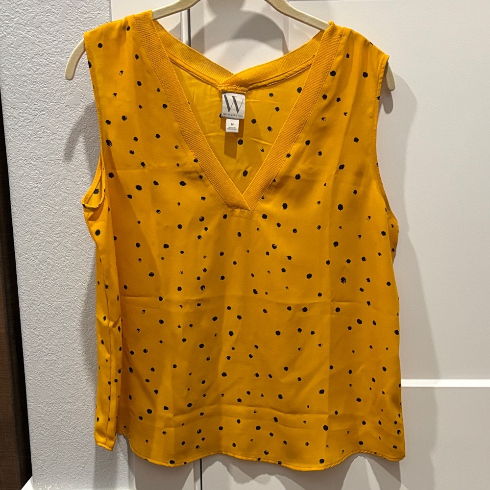 Worthington Mustard Polka Dot V-Neck Blouse